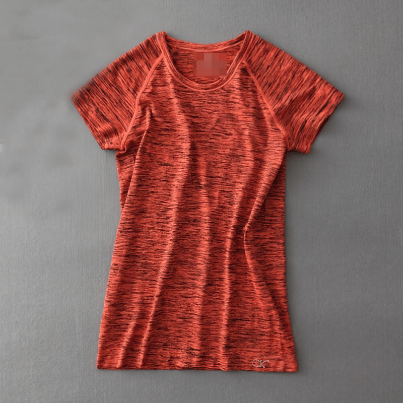 Breathable women's red short sleeves t-shirt, quick dry sportswear, ideal for yoga or jogging, made with nylon polyester fabric.